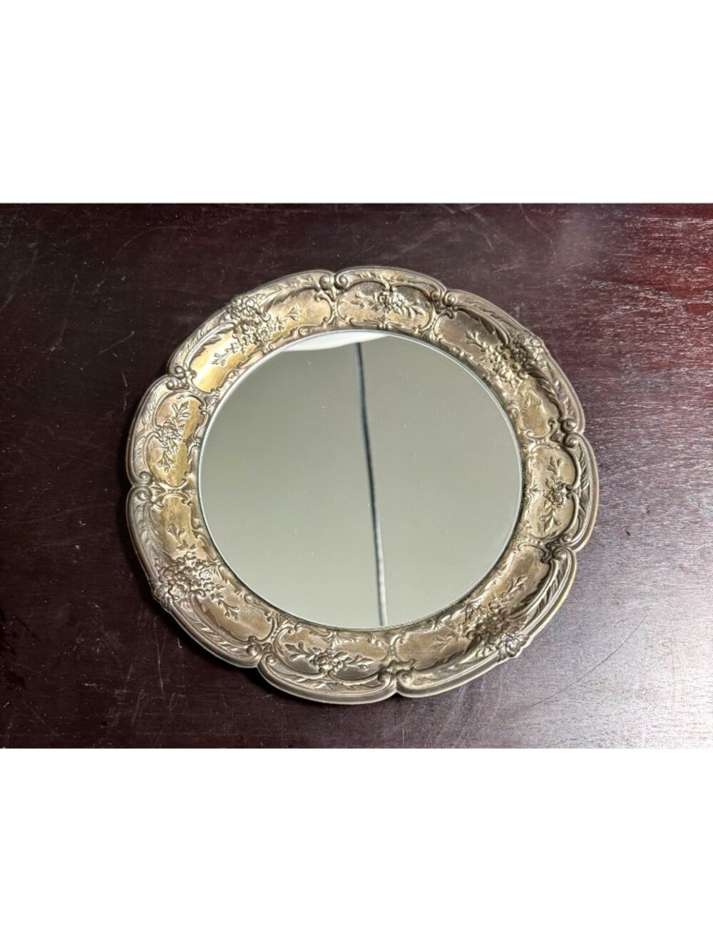 Vintage Silver-Plated Ornate Decorative Round Mirror With Floral Design